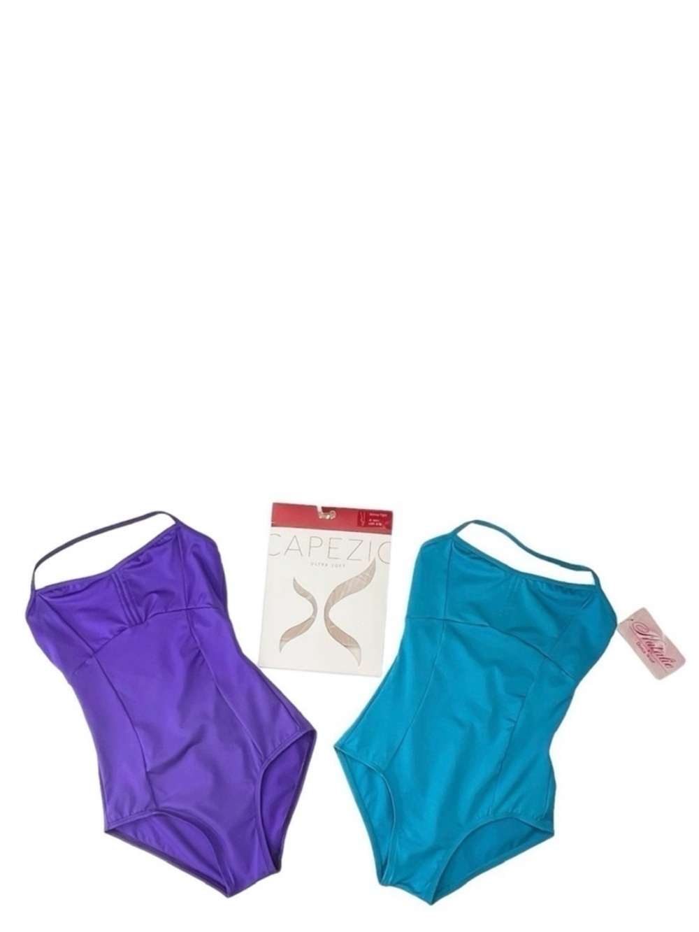 Natalie Dance Wear 2 Halter Leotards Small Purple Blue + Capezio Tights New NWT